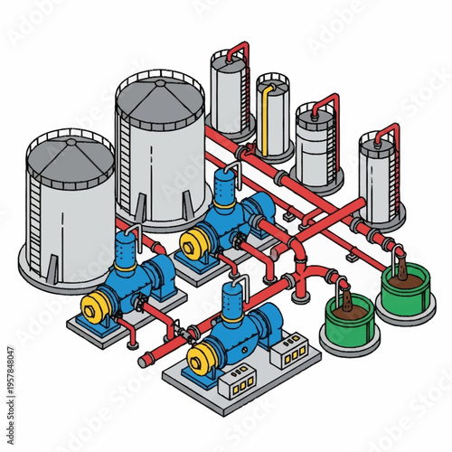 Industrial facility with storage tanks, pumps, and intricate piping system.