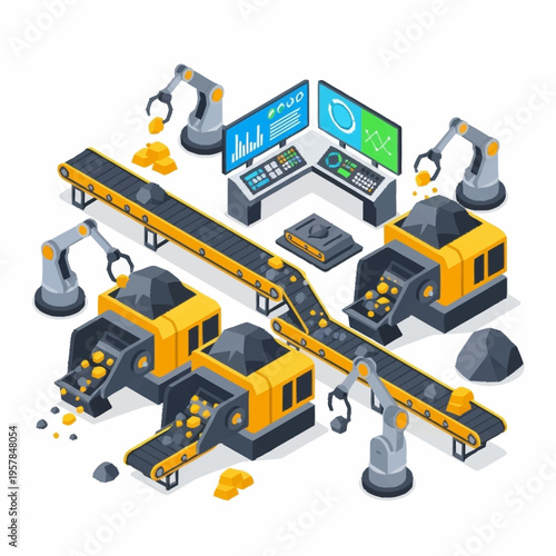 Automated mining and processing plant with robotic arms and conveyor belts.