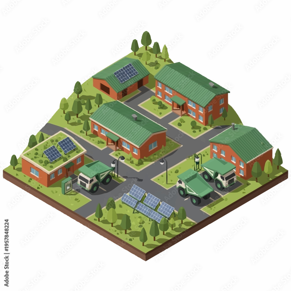 Fototapeta premium Isometric Green Energy Community with Solar Panels and Eco-Friendly Vehicles.