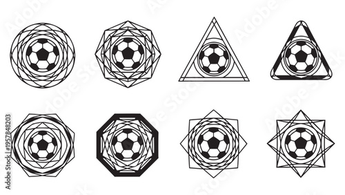 Decorative Soccer Ball Logo Badge Collection with Geometric Frames for Sports Branding and Club Identity Design