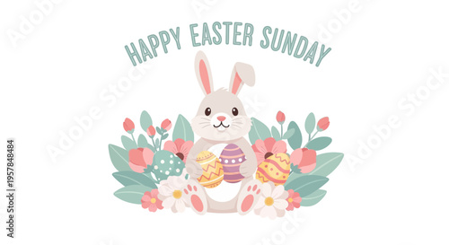 A cheerful Easter bunny illustration surrounded by colorful eggs and flowers in a pastel-colored background with a Happy Easter Sunday message