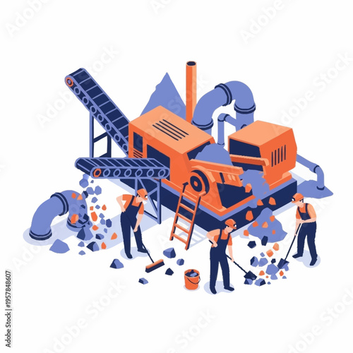 Isometric illustration of a stone crushing and sorting plant with workers.