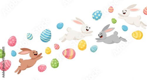 Colorful Easter illustration of bunnies and eggs in pastel colors on a white background, featuring a joyful Easter Sunday celebration with cute cartoon rabbits and decorated eggs