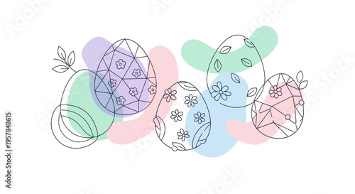 Colorful Easter eggs and bunnies illustration with pastel background and floral designs for holiday decoration
