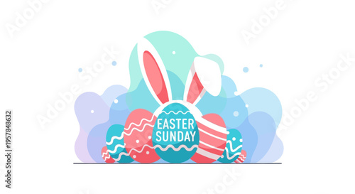 Easter Sunday illustration featuring a bunny, colorful eggs, and flowers on a pastel background with a celebration theme