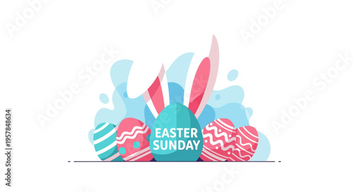 Easter Sunday illustration featuring colorful eggs, bunny ears, and pastel background with decorative elements