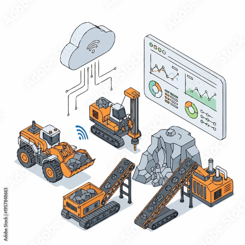 Isometric illustration of smart mining operations with connected machinery and data analytics.
