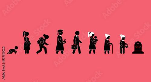 Human Life Cycle Evolution Concept Illustration - Stages of Life from Birth to Death Silhouettes