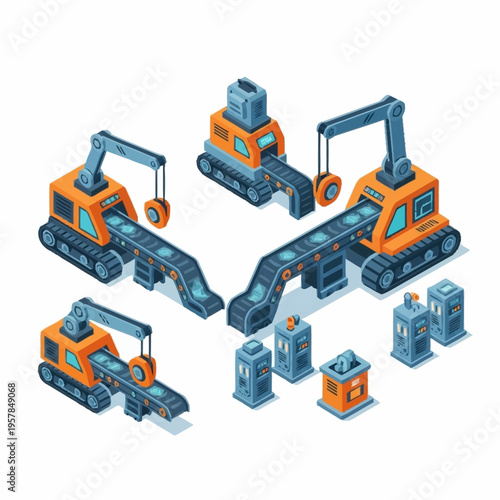 Isometric Industrial Conveyor Belt System with Robotic Arms and Storage Units.