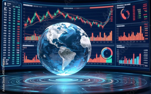 Global data analytics dashboard with a central Earth globe surrounded