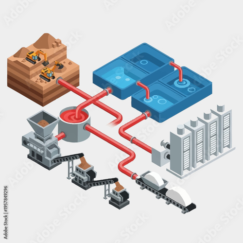 Isometric Industrial Mining and Processing Plant with Conveyor Belts and Water Treatment.