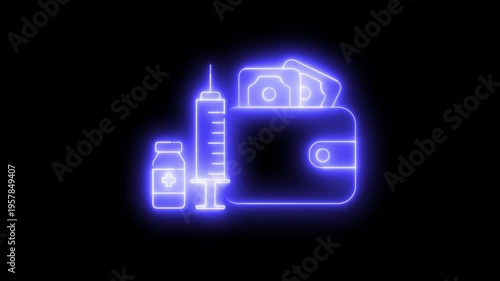 Animated neon light effect wallet icon with vaccines and medications. The image suggests health, costs, or treatment expenses.