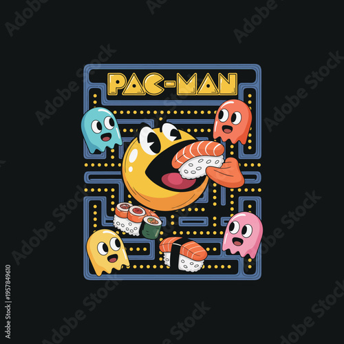 Pacman video game parody character eating sushi roll in retro arcade maze illustration