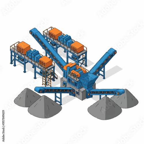 Isometric Industrial Stone Crushing and Sorting Plant with Conveyor Belts.