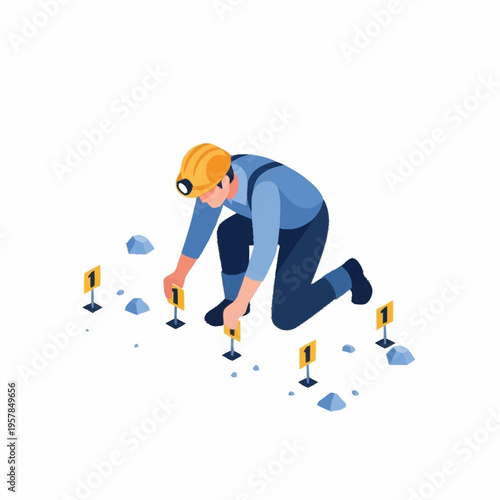 Isometric Miner Inspecting Mineral Samples on Ground.