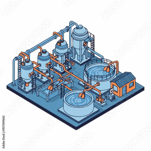 Isometric Industrial Water Treatment Plant Illustration.