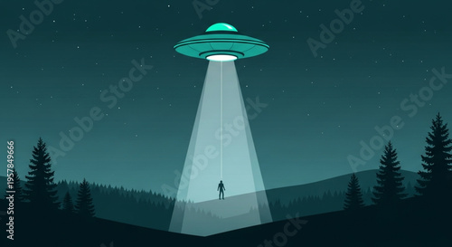 Illustration of a glowing UFO hovering over a lone figure in a forest at night with a beam of light descending from the craft