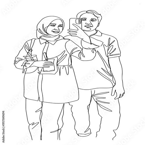 continuous line art of a young couple holding drinks and taking a mirror selfie using a smartphone together happily.