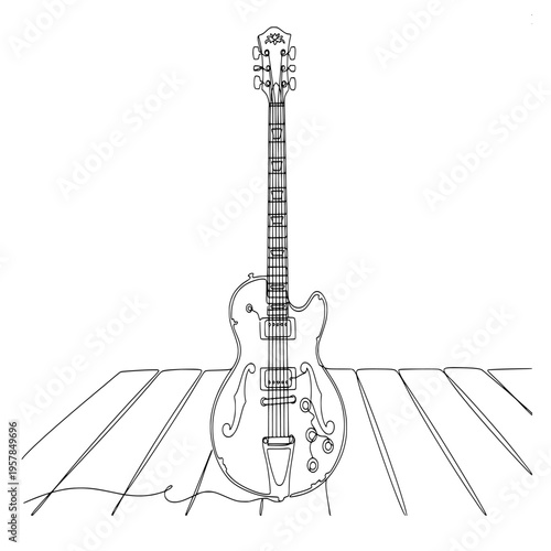continuous line art of a classic semi-hollow body electric guitar standing upright on a wooden stage floor background.
