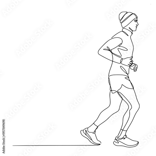continuous line art of a man in athletic gear and a beanie jogging steadily in a side profile view.