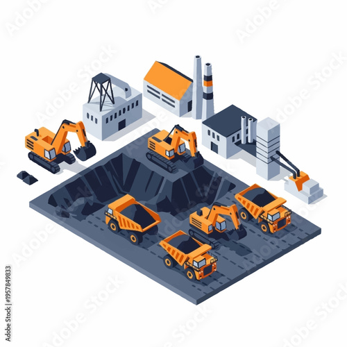 Isometric Mining Operation with Heavy Machinery and Industrial Buildings.