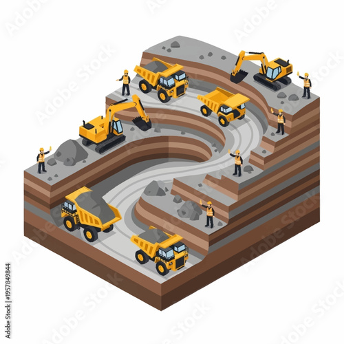 Isometric Mining Operation with Heavy Machinery and Workers.