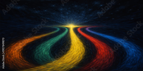 Abstract night highway road under starry galaxy sky with motion blur and travel light landscape