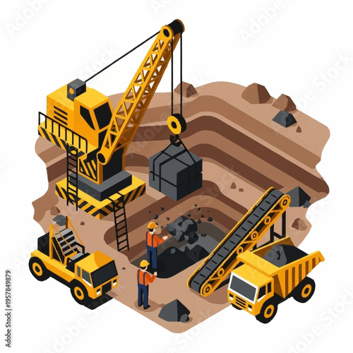 Isometric Mining Operation with Heavy Machinery and Workers.