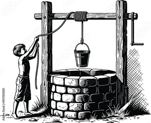 Traditional water well silhouette illustration, child operating pulley system artwork, historical engineering design, vintage bucket drawing concept, rural lifestyle graphic
