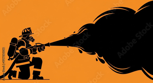 Striking silhouette graphic of a brave firefighter actively combating an engulfing black plume, representing emergency response and essential safety measures