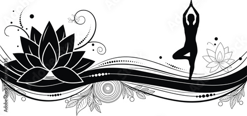 Yoga tree pose illustration, lotus flower design, meditation art, wellness balance symbol, holistic lifestyle graphic, spiritual harmony, nature inspired artwork