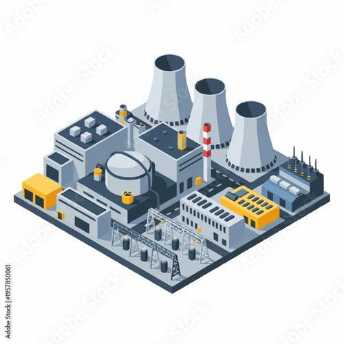 Isometric Nuclear Power Plant with Cooling Towers and Industrial Structures.