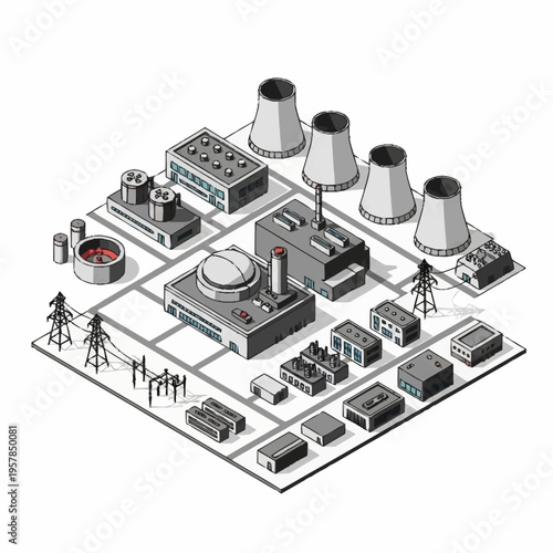 Isometric Nuclear Power Plant with Cooling Towers and Electrical Grid.