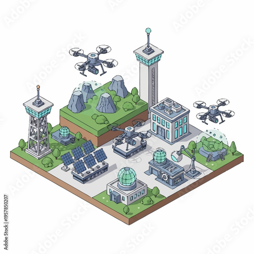 Isometric Smart City with Drones and Renewable Energy Infrastructure.
