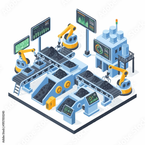 Isometric Smart Factory with Robotic Arms and Conveyor Belts.