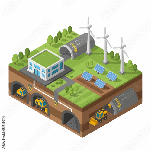 Isometric view of a sustainable city with renewable energy and underground infrastructure.