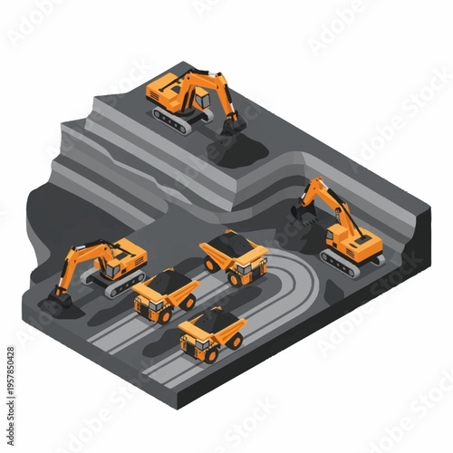 Isometric View of Open Pit Mining Operation with Heavy Machinery.
