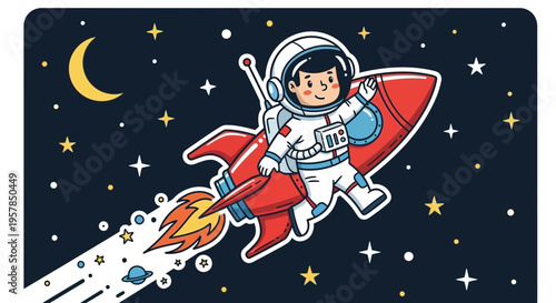 Astronaut child flying on a rocket in space with stars and moon