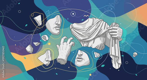 Abstract art illustration of fragmented classical sculptures against colorful background