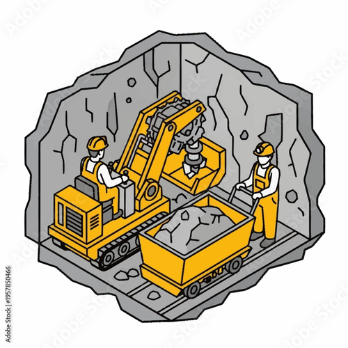 Miners operating heavy machinery and pushing a cart in a mine.