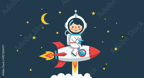Astronaut child flying on a rocket through space illustration design