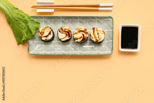 Plate with tasty sushi roll...