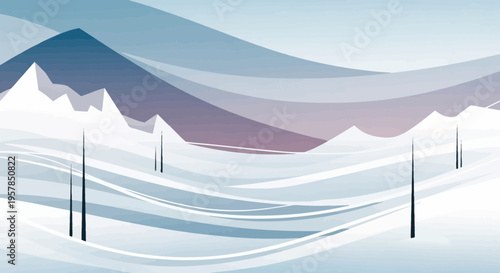 Abstract illustration of snowy mountains and stylized trees in a winter landscape