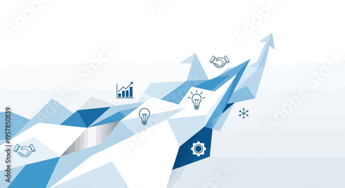 Abstract illustration of upward arrow and business icons on white background