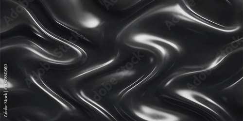 Elegant black silk satin fabric background with a smooth flowing wave pattern and shiny luxury textile texture for a soft sensual fashion backdrop design