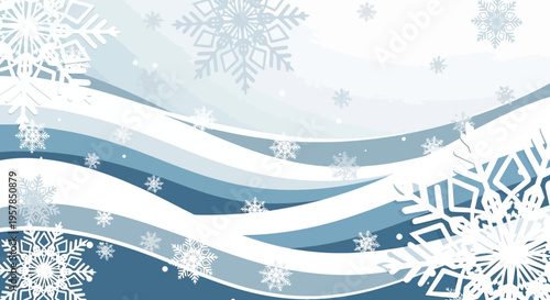 Abstract winter background with falling snowflakes and wavy patterns