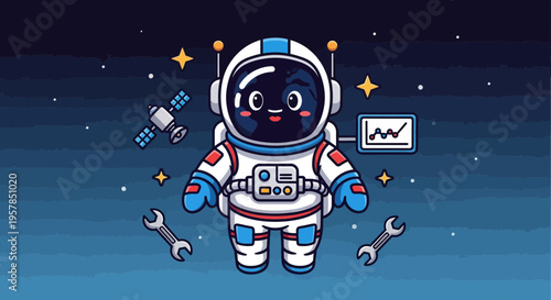 Astronaut cartoon character in space with satellite and tools illustration