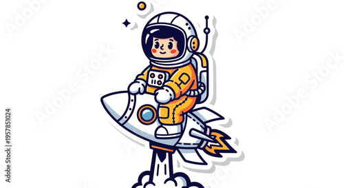 Astronaut cartoon character in spacesuit riding a rocket for exploration