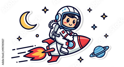 Astronaut cartoon character on rocket ship in outer space with planets