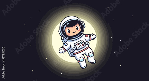Astronaut cartoon floating in space with stars and bright light